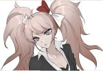  1girl black_shirt blonde_hair bow breasts cleavage collarbone danganronpa:_trigger_happy_havoc danganronpa_(series) enoshima_junko grey_eyes hair_bow hair_ornament large_breasts parted_lips rabbit_hair_ornament shirt simple_background solo ta_xing_shen teeth twintails upper_body white_background 