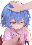  1girl 1other absurdres ascot ayo_rimaisu bat_wings blue_hair closed_mouth collared_shirt commentary hands_up headpat highres one_eye_closed pink_shirt red_ascot red_eyes remilia_scarlet shirt short_hair simple_background touhou upper_body white_background wings 
