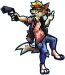 anthro blackstatic1 canid canine canis claws clothed clothing digital_media_(artwork) feet fur gun hair handgun hi_res holding_gun holding_object holding_weapon male male_focus mammal paws quinn_(zrcalo) ranged_weapon simple_background smile solo standing tail teeth topwear weapon
