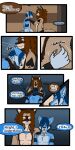absurd_res anthro black_text bottomwear canid canine canis clothing cobalt_(tatsuchan18) collar comic cuff_(restraint) cuffs_(clothing) dialogue english_text fox hand_on_head hand_on_shoulder head_on_chest hi_res hug hybrid male mammal metal_collar restraints spade_(tatsuchan18) spades_(suit) speech_bubble suit_symbol tail tatsuchan18 text wolf