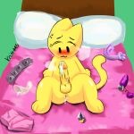  absurd_res anthro bed blush bodily_fluids buttplug condom cum felid filled_condom furniture genital_fluids genitals hi_res humanoid knitty445 leaking_cum male mammal penis plug_(sex_toy) sex_toy sexual_barrier_device solo vibrator 