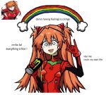  1girl \m/ bodysuit can drooling energy_drink english_commentary english_text eyelashes highres holding holding_can long_hair mecha_pilot_suit microsoft_paint_(medium) monster_energy neon_genesis_evangelion open_mouth orange_hair peqermint pilot_suit plugsuit rainbow red_bodysuit sick simple_background souryuu_asuka_langley spilling white_background 