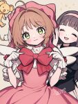  2girls blush bow cardcaptor_sakura closed_eyes daidouji_tomoyo fujino_hana gloves green_eyes hairband highres kero kinomoto_sakura magical_girl multiple_girls open_mouth pink_hairband pink_headwear red_bow simple_background smile white_gloves wings 