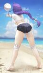  1girl absurdres ass back barefoot beach black_buruma blue_sky braid braided_ponytail breasts buruma crop_top dolri full_body genshin_impact highres large_breasts long_hair purple_hair raiden_shogun shirt shore short_sleeves sky underboob very_long_hair volleyball white_shirt 