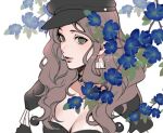  1girl bangs black_headwear blue_flower breasts brown_hair cleavage dorothea_arnault earrings fire_emblem fire_emblem:_three_houses flower green_eyes hat jewelry kanapy large_breasts leaf long_hair looking_at_viewer lowres open_clothes portrait signature simple_background solo white_background 