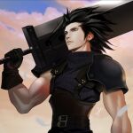  1boy armor belt black_hair blue_eyes blue_shirt buster_sword cloud cloudy_sky crisis_core_final_fantasy_vii falling_feathers final_fantasy final_fantasy_vii gloves hair_slicked_back highres looking_to_the_side male_focus medium_hair multiple_belts muscular muscular_male outdoors over_shoulder rock_cr scar scar_on_cheek scar_on_face shirt shoulder_armor sideburns sky sleeveless sleeveless_turtleneck solo suspenders turtleneck upper_body weapon weapon_over_shoulder zack_fair 