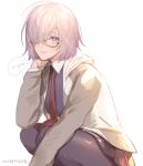  1girl bangs black_pantyhose black_skirt fate/grand_order fate_(series) glasses hair_between_eyes hair_over_one_eye jacket kanapy long_sleeves looking_at_viewer mash_kyrielight necktie pantyhose pink_hair purple_eyes red_necktie romaji_text short_hair simple_background skirt solo speech_bubble squatting white_background 