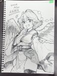  1girl bird_wings breasts commentary_request cowboy_shot detached_sleeves feathered_wings greyscale grin happy hat highres japanese_clothes kaden_(muxt8423) kimono kourindou_tengu_costume long_hair looking_at_viewer medium_hair monochrome pelvic_curtain pom_pom_(clothes) shameimaru_aya small_breasts smile solo thighhighs tokin_hat touhou traditional_media wide_sleeves wings 
