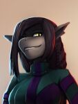  anthro black_hair breasts clothing digital_media_(artwork) female fish general-irrelevant green_clothing green_eyes hair hi_res looking_aside marine portrait pupils shark shio_assari simple_background slit_pupils smile solo 