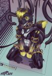  100racs anthro ardyn_(lunarardyn) barcode bdsm black_body black_fur blep blonde_hair blue_eyes bondage bound canid canine canis chastity_cage chastity_device collar cuff_(restraint) dipstick_ears dripping fur hair half-closed_eyes hi_res inner_ear_fluff kneeling leash liquid_latex looking_at_viewer male mammal markings multicolored_ears narrowed_eyes petplay puppyplay restraints roleplay rubber solo submissive submissive_male tentacles text thigh_cuffs tongue tongue_out transformation tuft wolf wrist_cuffs 