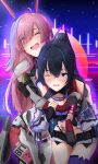  2girls aikawa_yumi animal_ears ayla:_kaleido_(pgr) ayla_(pgr) black_hair black_shorts blue_hair colored_inner_hair fake_animal_ears headgear headphones headphones_around_neck highleg highleg_panties highres hug hug_from_behind idol mechabare multicolored_hair multiple_girls official_alternate_costume one_eye_closed panties pink_eyes pink_hair punishing:_gray_raven purple_eyes purple_thighhighs selena_(pgr) short_shorts shorts single_thighhigh stomach_tattoo streaked_hair tattoo thighhighs underwear yuri 