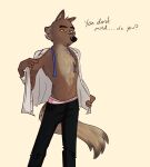  anthro bottomwear brown_body canid canine canis chest_tuft clothed clothing dapperjazz dialogue digital_media_(artwork) dreamworks fur hi_res looking_at_viewer male mammal mr._wolf_(the_bad_guys) pants simple_background solo text the_bad_guys topless topless_anthro topless_male tuft underwear undressing white_background wolf 