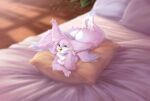  2022 4_toes 5_fingers anthro avian beak bird breasts digital_media_(artwork) eyebrows eyelashes feathered_wings feathers feet female fingers hybrid nude pillow siriussly smile solo toes wings yellow_beak 