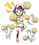  1girl :d animal arm_up asymmetrical_legwear bangs baseball_cap bird black_hair blush commentary_request duck green_eyes hand_up hat highres holding hololive looking_at_viewer midriff mismatched_legwear moja_(mojya_777) navel notice_lines oozora_subaru pom_pom_(cheerleading) shadow shirt shoes short_shorts short_sleeves shorts sideways_hat smile standing standing_on_one_leg striped striped_shirt subaru_duck teeth thighhighs tied_shirt upper_teeth v-shaped_eyebrows vertical-striped_shirt vertical_stripes virtual_youtuber white_background white_footwear white_headwear white_shorts 