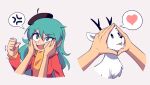  1girl anger_vein angry animal bangs beret blue_eyes blue_hair brick_st cheek_squash clenched_hand fist_shaking hair_between_eyes hands_on_another&#039;s_cheeks hands_on_another&#039;s_face hat heart highres hilda_(hilda) hilda_(series) long_hair looking_at_another motion_lines open_mouth pullover scarf simple_background tongue tongue_out twigg_(hilda) 