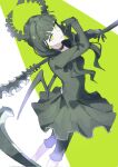  1girl black_choker black_dress black_hair black_horns black_leggings black_rock_shooter choker dead_master dress green_eyes highres holding holding_scythe horns kuthi0510 leggings long_hair scythe skeletal_hand solo wings 
