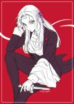  1girl edelgard_von_hresvelg fire_emblem fire_emblem:_three_houses greyscale hair_ribbon hand_on_own_head holding holding_weapon invisible_chair jacket kanapy long_hair long_sleeves looking_at_viewer monochrome pants ribbon signature simple_background sitting solo spot_color weapon 