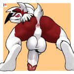  1:1 2021 absurd_res anthro anus backsack balls big_balls big_penis border butt chromamorph digital_media_(artwork) digitigrade fur genitals grin hi_res humanoid_genitalia humanoid_penis looking_at_viewer looking_back lycanroc male midnight_lycanroc multicolored_body multicolored_fur nintendo orange_background penis perineum pok&eacute;mon pok&eacute;mon_(species) presenting presenting_hindquarters rear_view simple_background smile solo two_tone_body two_tone_fur video_games white_border 