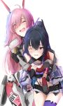  2girls aikawa_yumi animal_ears ayla:_kaleido_(pgr) ayla_(pgr) black_hair black_shorts blue_hair colored_inner_hair fake_animal_ears headgear headphones headphones_around_neck highleg highleg_panties highres hug hug_from_behind idol mechabare multicolored_hair multiple_girls official_alternate_costume one_eye_closed panties pink_eyes pink_hair punishing:_gray_raven purple_eyes purple_thighhighs selena_(pgr) short_shorts shorts single_thighhigh stomach_tattoo streaked_hair tattoo thighhighs underwear white_background yuri 