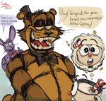  amazed animate_inanimate anthro bonnie_(fnaf) clothed clothing congratulations container cup cuphead_(character) cuphead_(game) english_text five_nights_at_freddy&#039;s for_a_head freddy_(fnaf) furrllow group happy humanoid male object_head open_mouth scottgames sharp_teeth smile teeth text trio video_games 