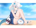  1girl 1other animal_ears bag bangs bare_legs beach bloop_(gawr_gura) blue_dress blue_eyes blue_hair blue_nails blue_sky blurry blurry_background blush candy cat_ears chinese_commentary collarbone dress english_commentary feet fish_tail food food_in_mouth from_side full_body gawr_gura grey_hair hair_ornament head_tilt highres hololive hololive_english hugging_own_legs legs lens_flare lollipop long_legs looking_at_viewer mixed-language_commentary mouth_hold multicolored_hair nail_polish official_alternate_costume one_eye_closed ponytail sandals shadow shark_tail shiny shiny_hair short_sleeves shoulder_bag silver_bullet_(yhq811) sky streaked_hair tail thighs toenail_polish toenails toes virtual_youtuber 