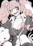  1girl bangs bear_hair_ornament blood blood_on_face bow breasts choker cleavage danganronpa:_trigger_happy_havoc danganronpa_(series) enoshima_junko finger_gun finger_gun_to_head hair_ornament kanapy large_breasts limited_palette looking_at_viewer monokuma necktie open_mouth simple_background solo stuffed_animal stuffed_toy teddy_bear twintails upper_body 