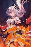  1girl absurdres ahoge armor bangs black_gloves blue_eyes breasts cleavage closed_mouth earrings fire gauntlets gloves hair_ornament highres holding holding_sword holding_weapon honkai_(series) honkai_impact_3rd jewelry kiana_kaslana kiana_kaslana_(herrscher_of_flamescion) long_hair looking_at_viewer looking_back ponytail solo sword very_long_hair weapon white_hair yuusuzu 