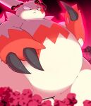 absurd_res angry anthro belly claws cloud cosith dynamax energy fur glowing hi_res looking_down macro nintendo overweight pink_eyes pok&eacute;mon pok&eacute;mon_(species) solo video_games white_body white_fur zangoose 