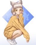  1girl absurdres animal_ears ankle_socks bangs bare_legs blunt_bangs cat_ears closed_mouth eilier_project full_body grey_hair highres long_sleeves looking_at_viewer nia_(xenoblade) photo-referenced short_hair socks solo squatting white_background white_socks xenoblade_chronicles_(series) xenoblade_chronicles_2 yellow_eyes 