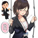  1girl :d ^_^ black_hair blush breasts business_suit closed_eyes formal id_card irasutoya irasutoya_challenge jacket large_breasts long_hair long_sleeves meltykiss0316 office_lady open_mouth pants shirt smile solo suit swing swing_set swinging translated white_shirt 