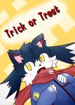  2015 ambiguous_gender black_body black_fur black_nose blue_clothing blue_shirt blue_topwear blush blush_lines clothing cute_fangs digital_media_(artwork) dipstick_ears fur hand_on_chest inner_ear_fluff kemono klonoa klonoa_(series) looking_up multicolored_body multicolored_ears multicolored_fur no_pupils open_mouth pac-man pac-man_(series) red_inner_ear red_scarf red_text scarf shirt simple_background solo text topwear tuft two_tone_body two_tone_face two_tone_fur video_games white_body white_fur white_hands white_inner_ear_fluff yellow_background yellow_eyes yosshi_(yo41) 