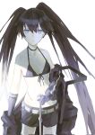  1girl arm_cannon belt bikini bikini_top_only black_rock_shooter black_rock_shooter_(character) black_shorts blue_eyes highres kuthi0510 long_hair no_shirt pale_skin rock_cannon scar shorts solo swimsuit sword twintails weapon white_background 