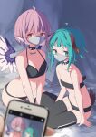  2girls absurdres ahoge animal_ears bare_arms bare_shoulders bikini bird_ears bird_wings black_bikini breasts cellphone chain cleavage collarbone dog_ears dog_tail green_eyes green_hair highres holding holding_phone iphone kasodani_kyouko mask mouth_mask multiple_girls mystia_lorelei namauni navel phone pink_hair red_eyes short_hair smartphone swimsuit tail touhou white_wings wings 