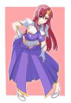  1girl blue_eyes border breasts capelet full_body gloves gundam gundam_seed gundam_seed_destiny hair_ornament highleg highleg_leotard highres infinite_moppy large_breasts leaning_forward leotard long_hair meer_campbell multicolored_leotard outside_border pink_background pink_hair purple_leotard purple_skirt skirt solo star_(symbol) star_hair_ornament two-tone_background white_border white_capelet white_footwear white_gloves 
