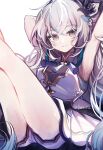 1girl :3 armpits arms_up blue_hair blush breasts bronya_zaychik closed_mouth commentary_request dress grey_eyes grey_hair highres honkai_(series) honkai_impact_3rd legs_up long_hair looking_at_viewer medium_breasts multicolored_hair pleated_dress short_shorts shorts shorts_under_dress simple_background sitting smile solo streaked_hair tare_(tonikaku_magaru) thighs twitter_username very_long_hair white_background white_dress white_shorts 