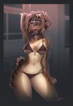  anthro bikini black_bikini black_clothing black_collar black_swimwear blurred_background breasts brown_body brown_fur cheek_tuft clothed clothing collar countershading digital_media_(artwork) ear_piercing elbow_tuft f-r95 facial_tuft falla_(f-r95) fangs felid female fur hair hi_res looking_at_viewer machairodontine mammal medium_breasts navel piercing portrait purple_eyes sabertooth_(anatomy) short_hair short_tail shoulder_tuft smile smiling_at_viewer solo striped_body striped_fur stripes swimwear tan_body tan_fur tan_hair teeth thigh_tuft three-quarter_portrait tuft 