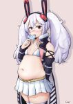  1girl animal_ears azur_lane bangs bare_shoulders blush breasts commentary_request commission dot_nose fake_animal_ears food fur_trim hair_between_eyes hairband highres holding holding_food laffey_(azur_lane) licking light_purple_hair long_hair looking_at_viewer muffin_top navel pleated_skirt plump popsicle rabbit_ears red_eyes shadow shigekikkusu sidelocks signature simple_background skeb_commission skirt small_breasts solo thick_thighs thighhighs thighs tongue tongue_out twintails zettai_ryouiki 