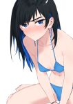  1girl bangs barefoot bikini black_hair blue_bikini blue_eyes blue_hair blush breasts earrings frown goshiki_suzu jewelry looking_at_viewer multicolored_hair navel original simple_background sitting solo swimsuit two-tone_hair wariza white_background 