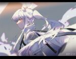  1girl animal_ears arknights bangs blurry dated depth_of_field high_collar jacket letterboxed long_hair looking_at_viewer mie_lu parted_lips platinum_(arknights) ponytail sideways_glance solo upper_body white_hair white_jacket wind yellow_eyes 