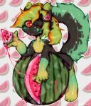  accessory anthro cute_expression felineblack_(artist) female food food_in_mouth fruit fruit_juice glistening glistening_body green_body hair_accessory hairpin hi_res juice_(disambiguation) melon plant solo watermelon watermelon_slice 