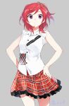  1girl bangs bow frilled_skirt frilled_sleeves frills grey_background hair_bow hair_ornament hands_on_hips highres looking_at_viewer love_live! love_live!_school_idol_project nishikino_maki pink_eyes pleated_skirt red_hair red_skirt shirt short_hair signature simple_background skirt sleeveless sleeveless_shirt solo standing taiki_(ozone) white_shirt 