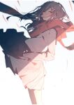  1girl alternate_color bad_id bad_twitter_id blush brown_hair closed_mouth false_smile feet_out_of_frame floating_hair floating_scarf hair_ornament hairclip highres kagerou_project long_hair long_sleeves looking_at_viewer looking_to_the_side muted_color neckerchief pink_serafuku pink_shirt pink_skirt pleated_skirt red_scarf scarf school_uniform serafuku shirt simple_background skirt smile solo standing takaya_riku tateyama_ayano white_background wind 