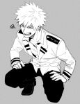  1boy bakugou_katsuki bangs boku_no_hero_academia greyscale hair_between_eyes jacket kanapy long_sleeves looking_at_viewer male_focus monochrome one_knee open_mouth pants school_uniform signature simple_background solo spiked_hair squatting u.a._school_uniform 