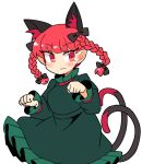  1girl :3 animal_ear_fluff animal_ears bangs braid cat_ears cat_tail clenched_hands dress extra_ears green_dress ini_(inunabe00) juliet_sleeves kaenbyou_rin long_hair long_sleeves looking_at_viewer multiple_tails nekomata pointy_ears puffy_sleeves red_eyes red_hair side_braids simple_background solo tail touhou twin_braids two_tails white_background 