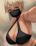  1girl bangs bare_shoulders bikini bikini_top_only blonde_hair blue_eyes breasts cleavage huge_breasts mask mouth_mask original outstretched_arm short_hair swimsuit tan underboob zijou 