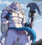 2022 abs ajani_goldmane anthro armor axe balls biceps big_muscles bodily_fluids bottomwear bracers braided_mane cape catfolk claws clothed clothing cloud day dripping erection felid fur genital_fluids genitals hasbro holding_object holding_weapon humanoid_genitalia humanoid_penis leonin lion loincloth low-angle_view magic:_the_gathering male mammal mane melee_weapon mountain muscular muscular_anthro muscular_male navel obliques outside pantherine pecs penis precum precum_drip sky solo standing topless topless_anthro topless_male tuft vhkansfweer weapon whiskers wizards_of_the_coast 