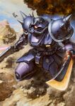  absurdres aircraft charging_forward commentary_request core_fighter day desert dual_wielding dust_cloud efreet_(mobile_suit) finger_on_trigger firing gun gundam highres holding holding_gun holding_sword holding_weapon horns mecha mecha_focus mobile_suit mobile_suit_gundam mobile_suit_gundam:_cross_dimension_0079 no_humans one-eyed outdoors red_eyes robot science_fiction shotgun shoulder_spikes single_horn smoke solo_focus spikes sword weapon youkoumori zaku_ii zeon 