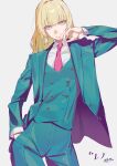 1girl absurdres blonde_hair blue_eyes blue_jacket blue_suit business_suit coat collared_shirt commission formal high-waist_pants highres ibaraki_shun jacket long_hair looking_at_viewer mole mole_under_eye necktie office_lady original overcoat pants red_necktie shirt skeb_commission solo suit suit_jacket white_shirt 