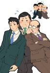  3boys balding blush boy_sandwich business_suit coat dress_shirt expressionless facial_hair fat formal glasses highres irasutoya irasutoya_challenge male_focus mamemo_(daifuku_mame) multiple_boys mustache necktie overcoat salaryman sandwiched shirt short_hair squeezing suit 