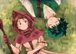  1boy 1girl blush boku_no_hero_academia brown_eyes brown_hair capelet closed_eyes freckles gloves green_hair green_vest highres holding holding_staff hood hooded_capelet lying midoriya_izuku on_back on_ground shirt smile staff tabetai_omochi uraraka_ochako vest white_shirt 